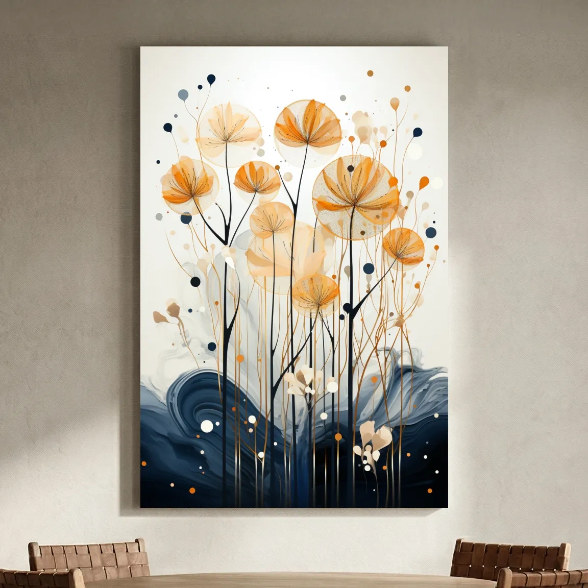 Abstract Golden Wildflower Ink Wash - Botanical Boho Wall Art