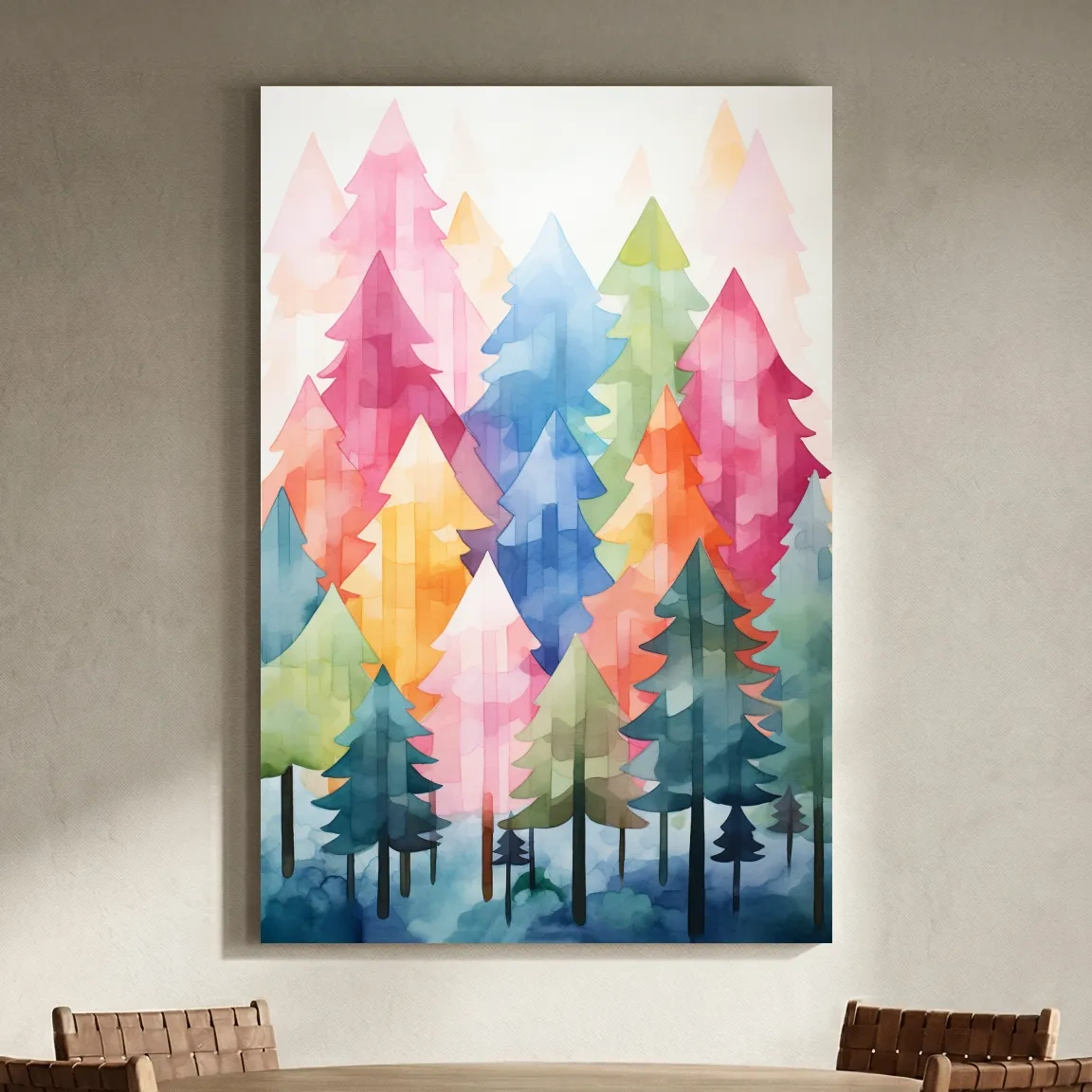 Colorful Watercolor Pine Forest Illustration - Whimsical Scandinavian Boho Wall Art