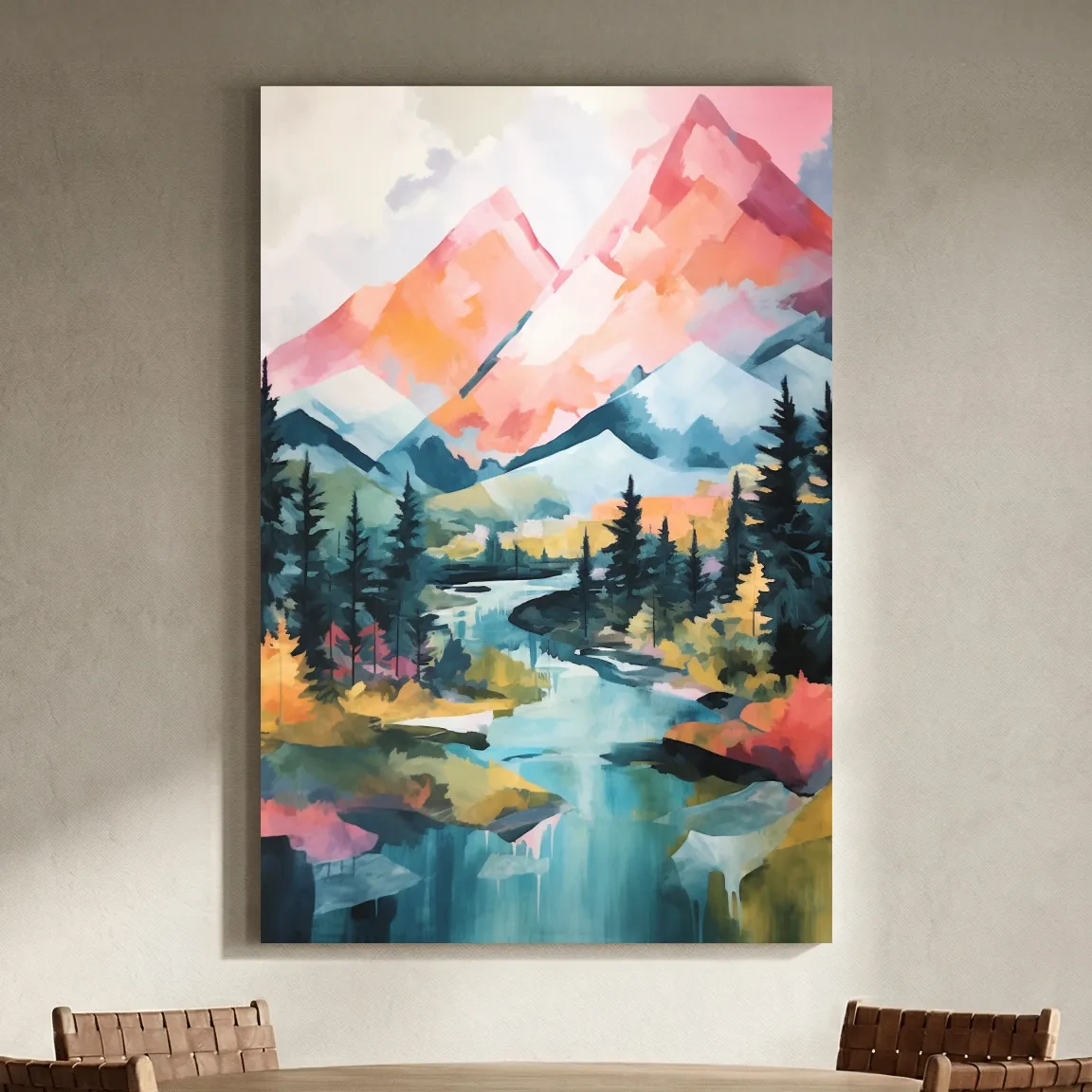 Vibrant Mountain River Landscape Painting - Colorful Alpine Forest Wall Art