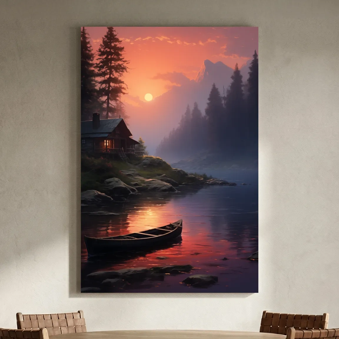 Lakeside Cabin Sunset Landscape - Cinematic Mountain Lake Wall Art