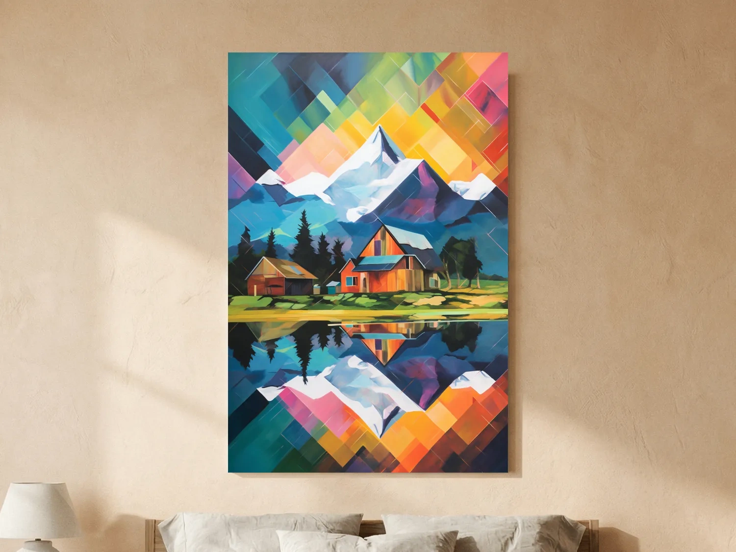 Vibrant Geometric Mountain Cabin Painting - Colorful Abstract Alpine Wall Art