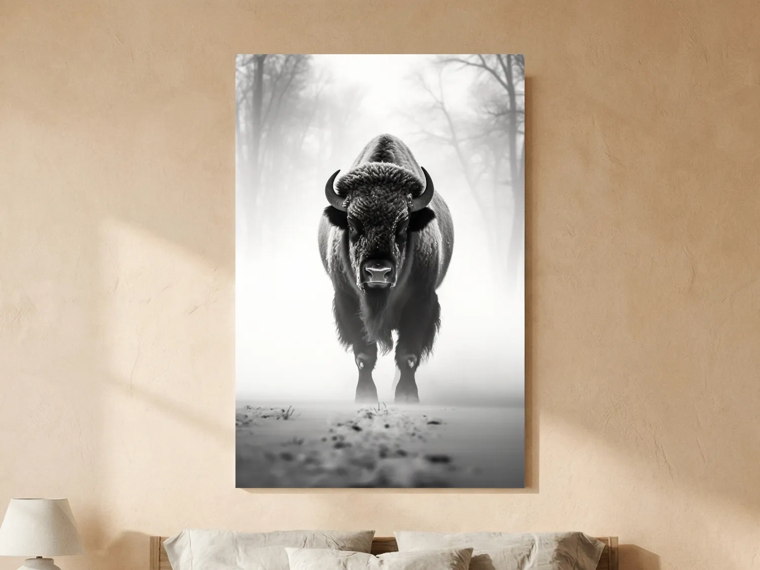 Moody Black And White Bison Portrait - Foggy Winter Wildlife Wall Art