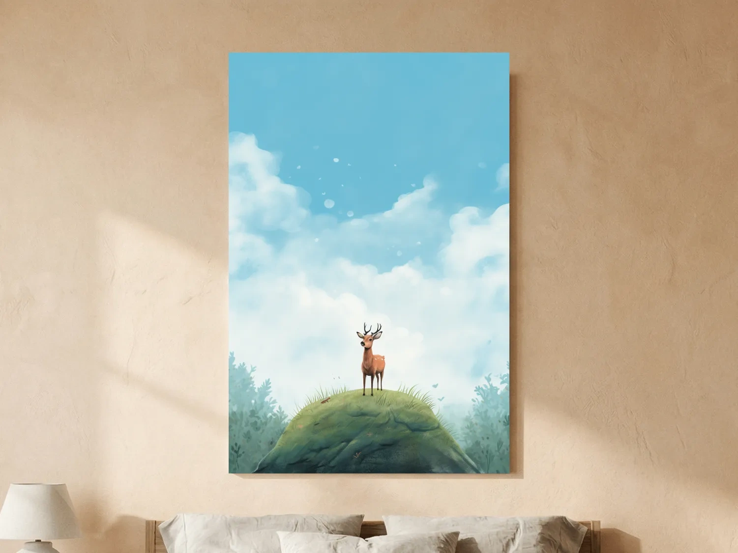 Whimsical Watercolor Deer on Grassy Hill - Serene Woodland Nursery Wall Art