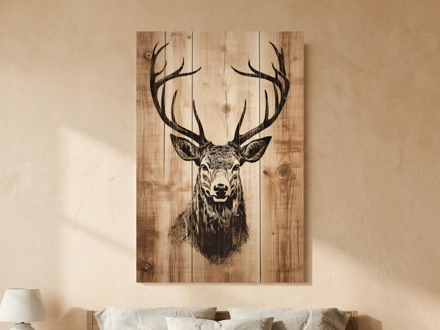 Rustic Deer Head Woodburn Style Portrait - Lodge Cabin Wildlife Wall Art