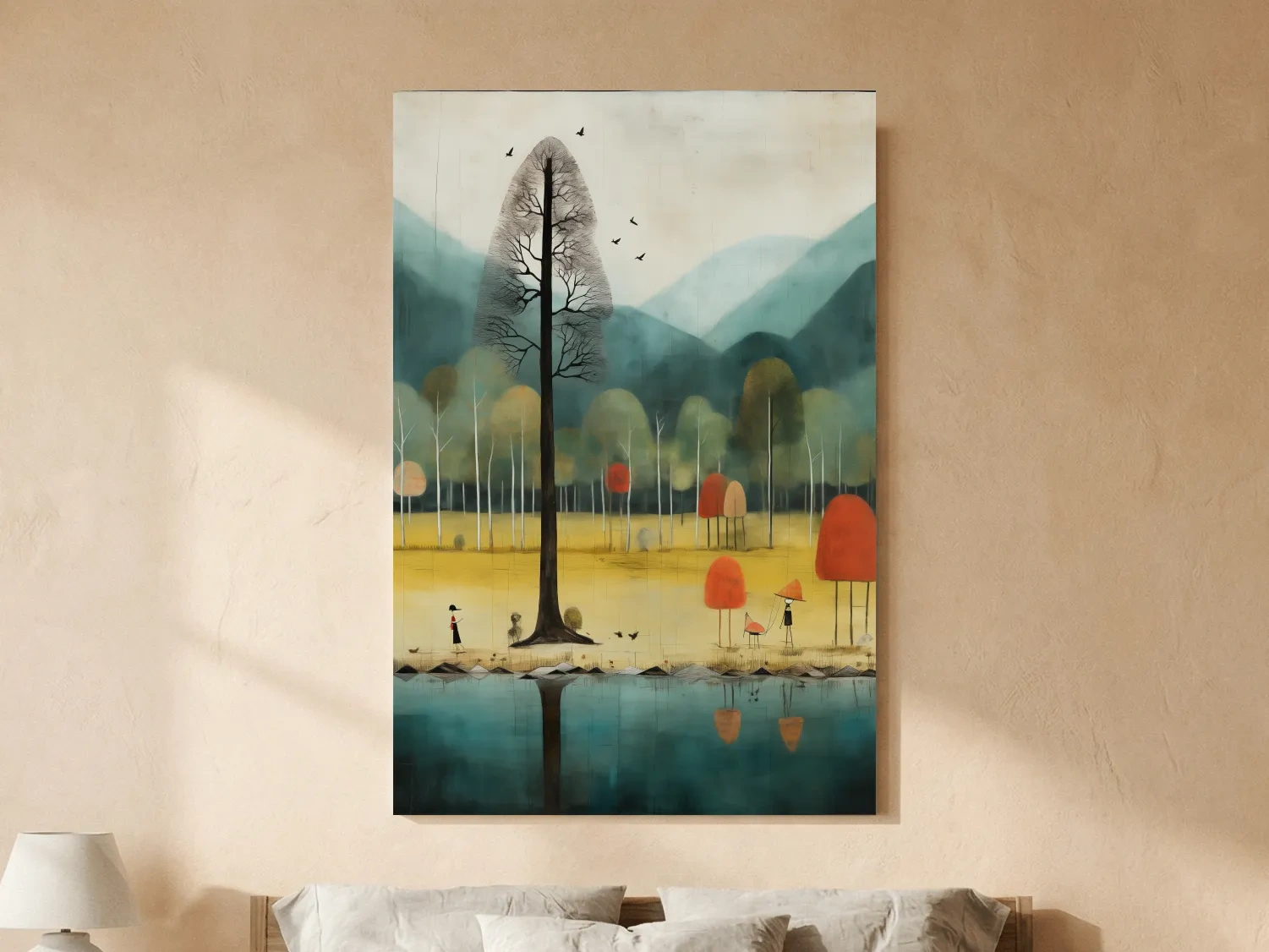 Whimsical Autumn Forest Lake Landscape - Quirky Nature Wall Art