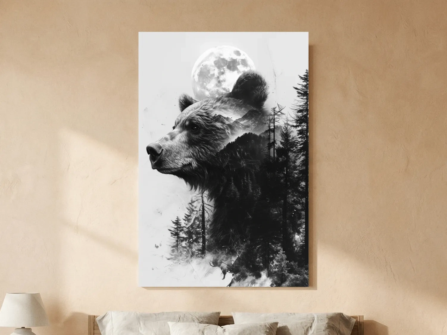 Grizzly Bear Double Exposure Drawing - Moonlit Pine Forest Wildlife Wall Art