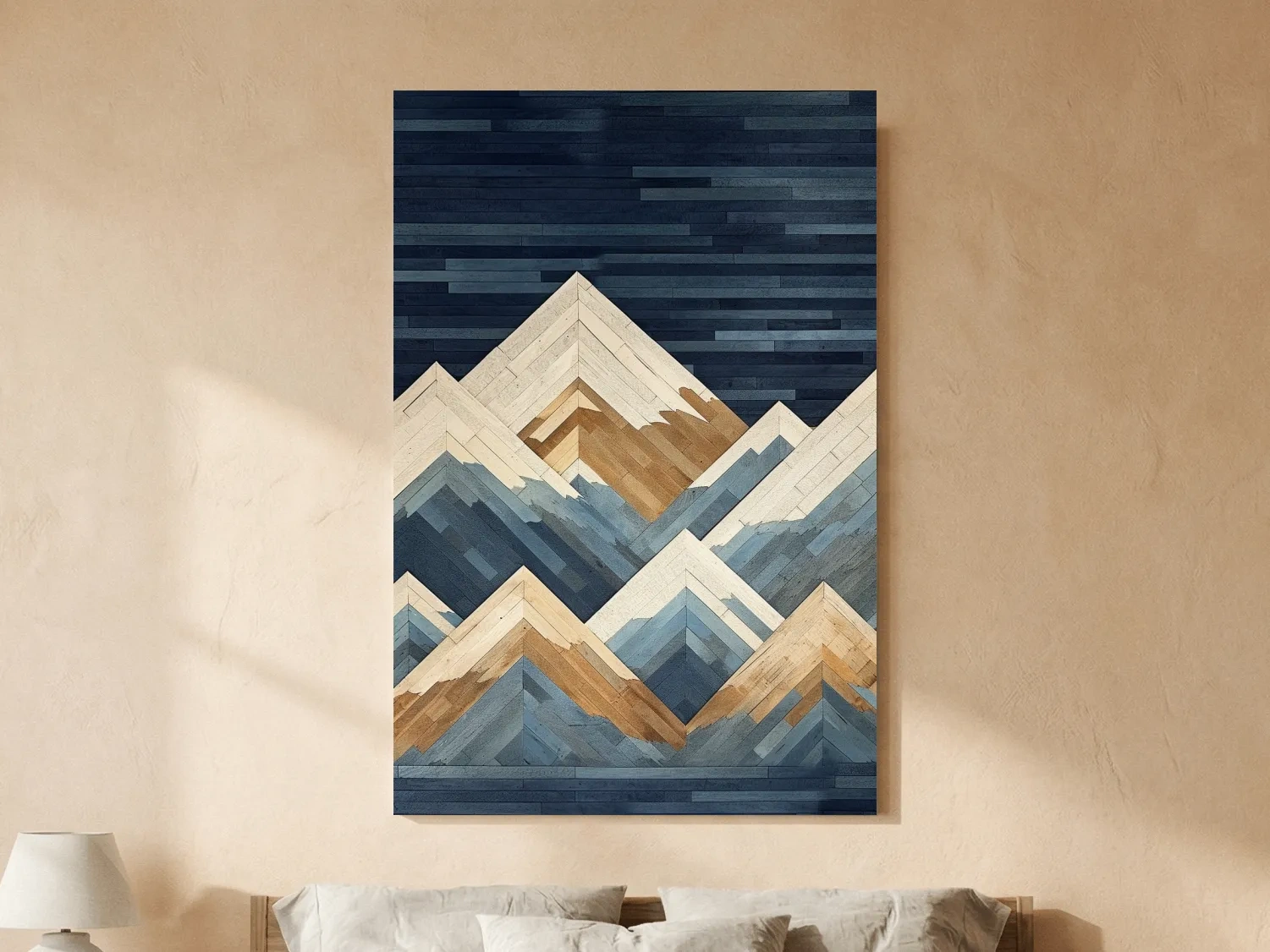 Geometric Layered Mountain Peaks - Wood Texture Landscape Wall Art