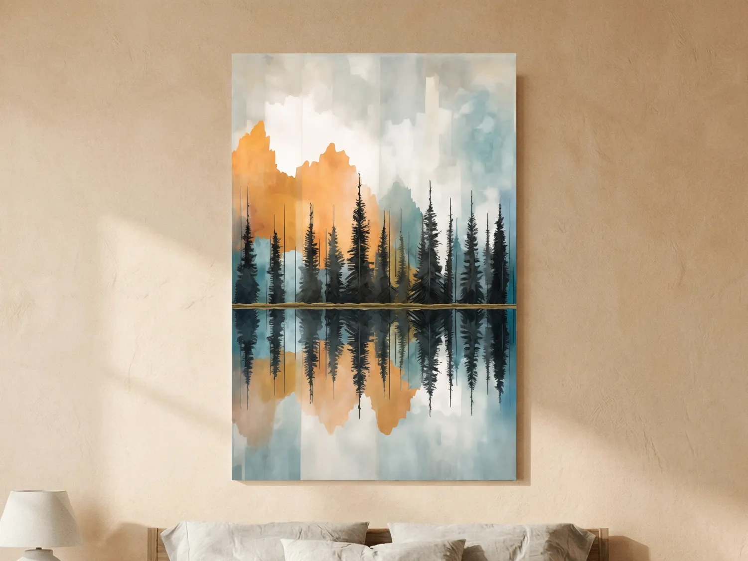 Abstract Watercolor Mountain Lake Reflection - Alpine Forest Landscape Artwork
