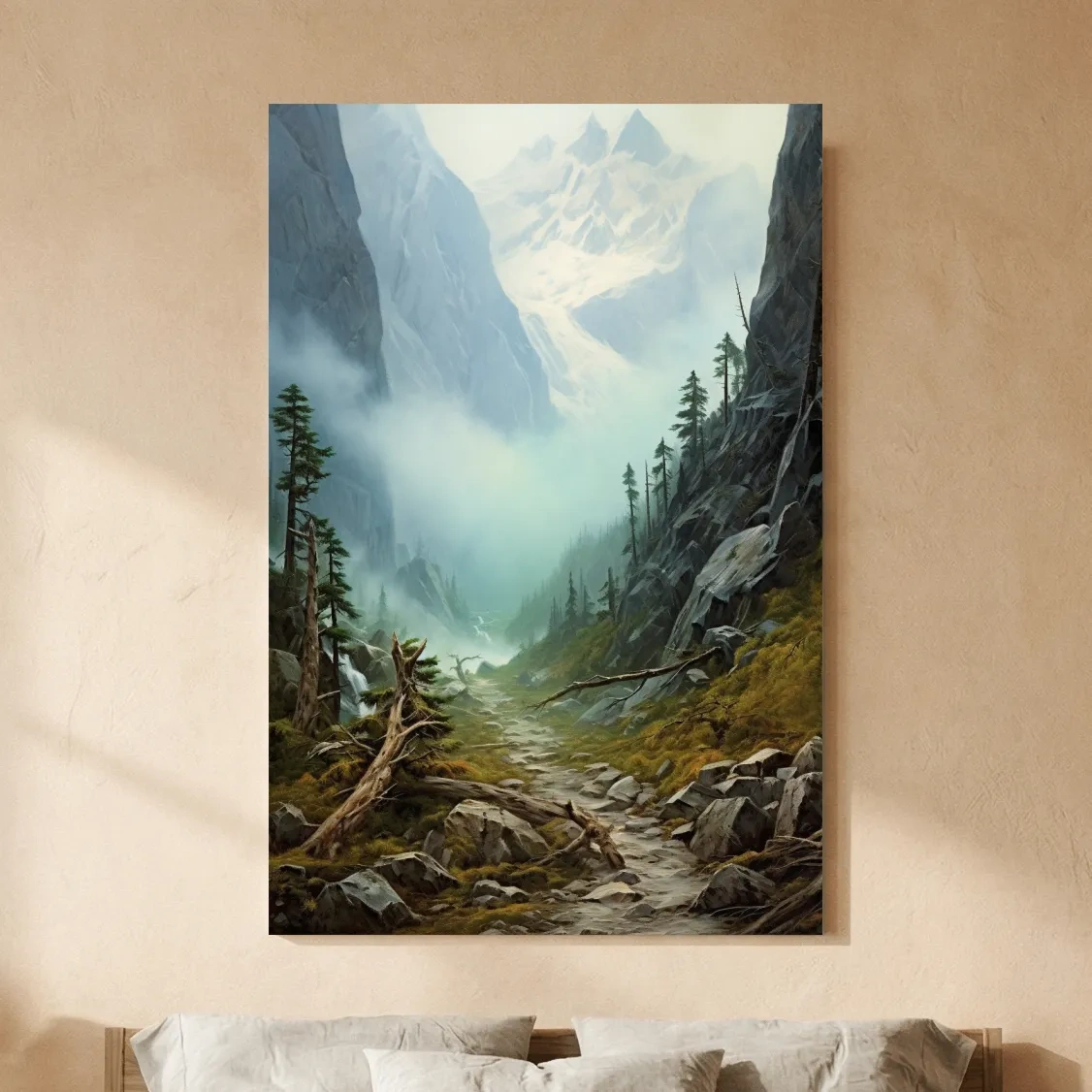 Misty Alpine Mountain Valley Painting - Foggy Pine Forest Wall Art