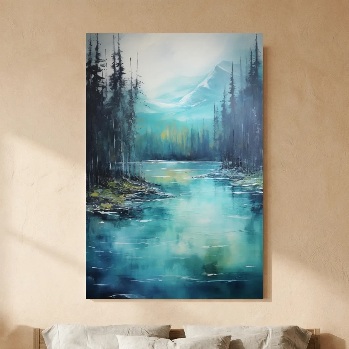 Misty Mountain Lake Reflection - Serene Forest Oil Panting Wall Art