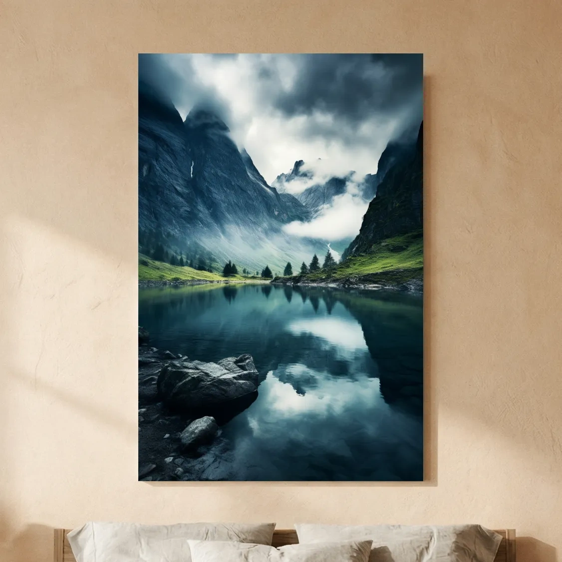 Moody Misty Alpine Lake Reflection - Dramatic Photographic Mountain Wall Art
