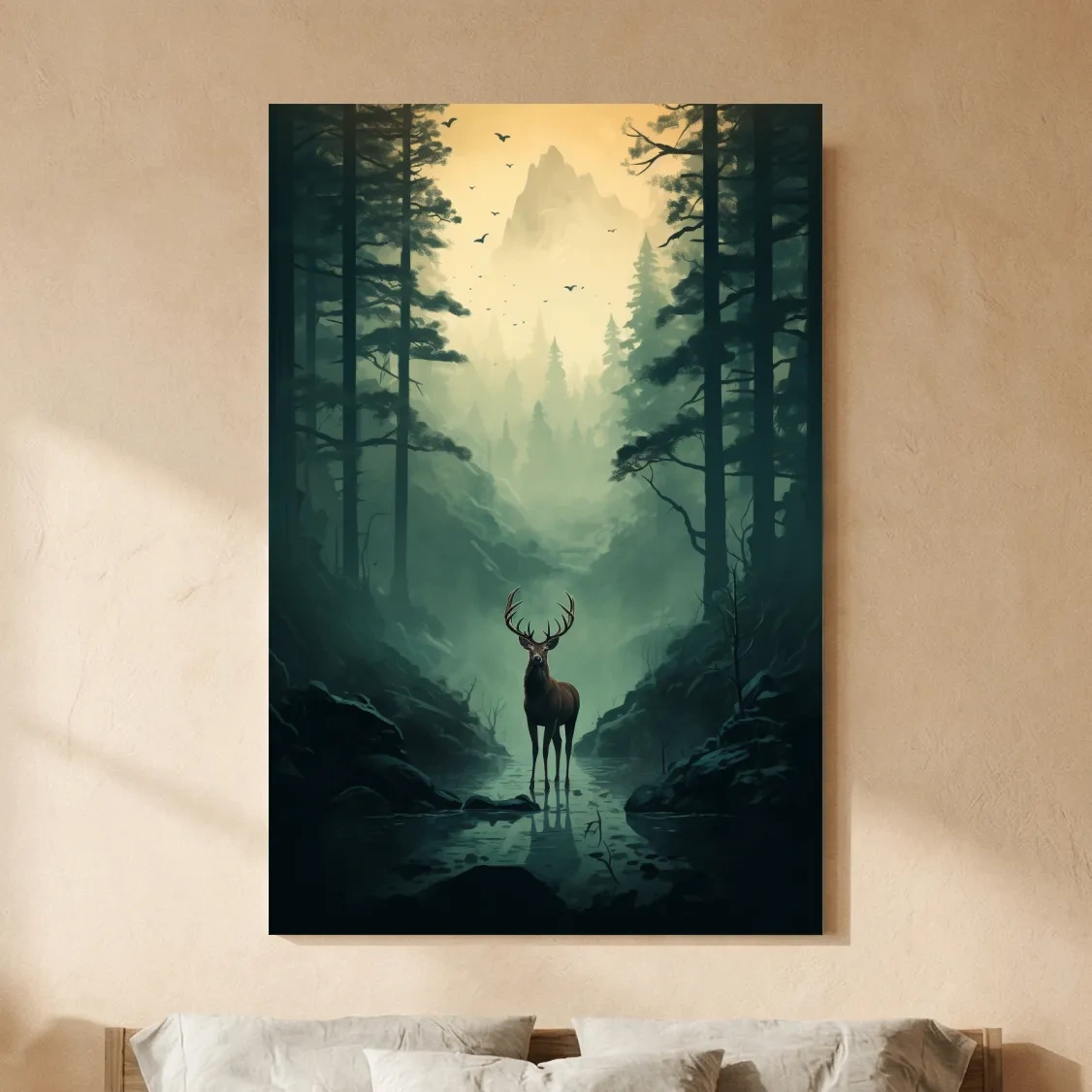 Moody Misty Forest Deer Stag Landscape - Atmospheric Wildlife Mountain Wall Art