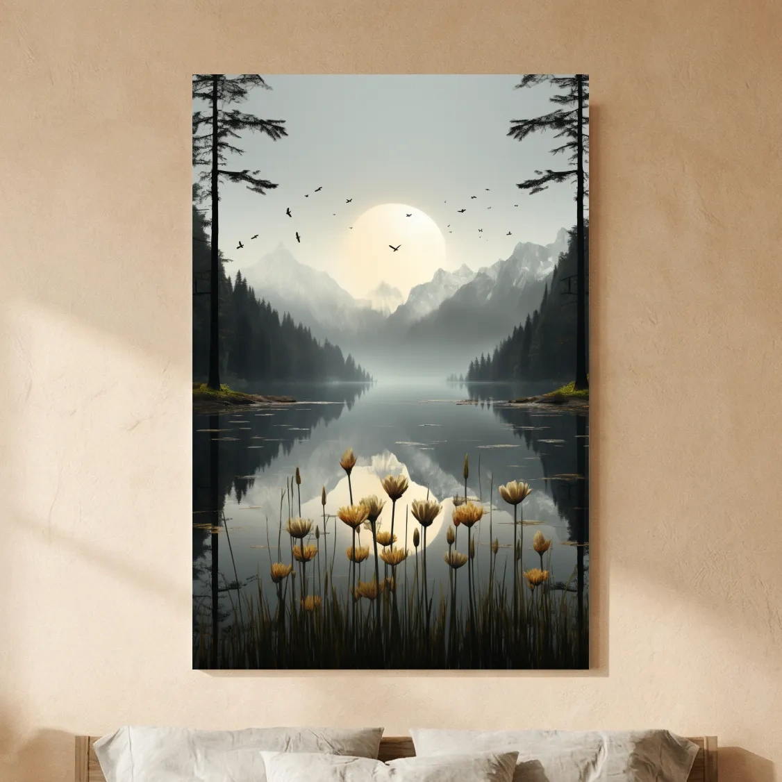 Misty Alpine Lake Sunrise With Wildflowers - Serene Mountain Landscape Wall Art
