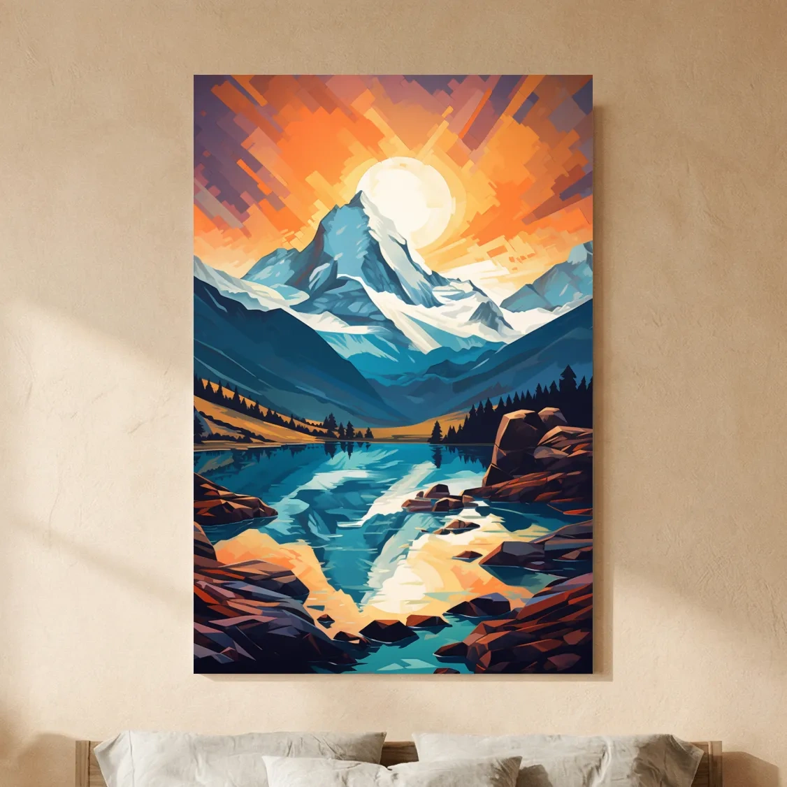 Vibrant Geometric Alpine Glacier Sunrise - Abstract Lake Landscape Wall Art