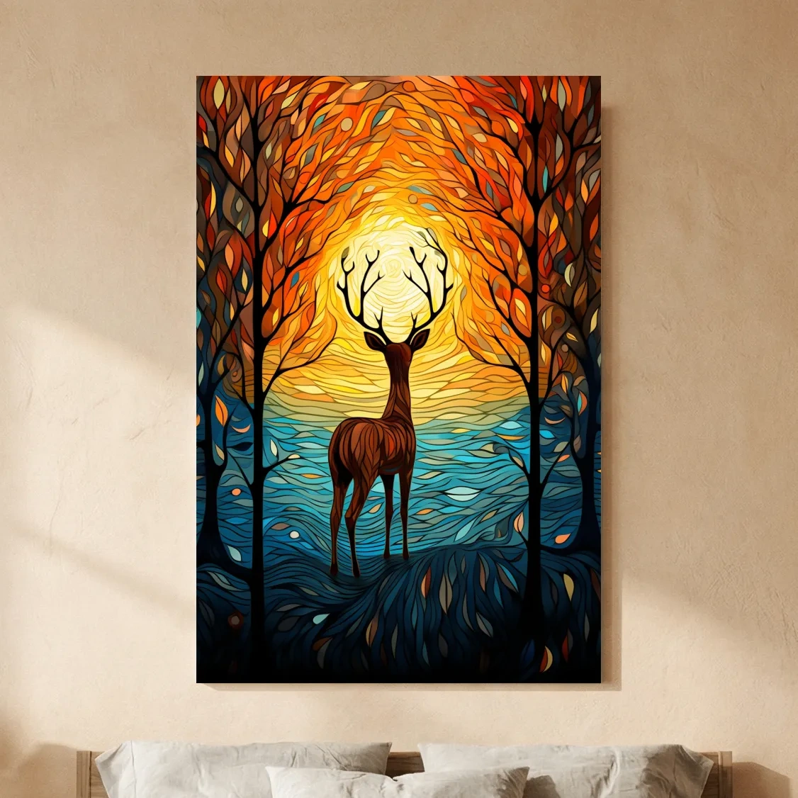 Glowing Autumn Forest Deer Silhouette - Vibrant Stained Glass Style Wall Art