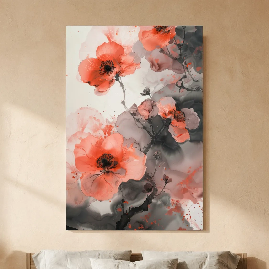 Poppy Blossom Ink Wash Painting - Floral Botanical Watercolor Artwork