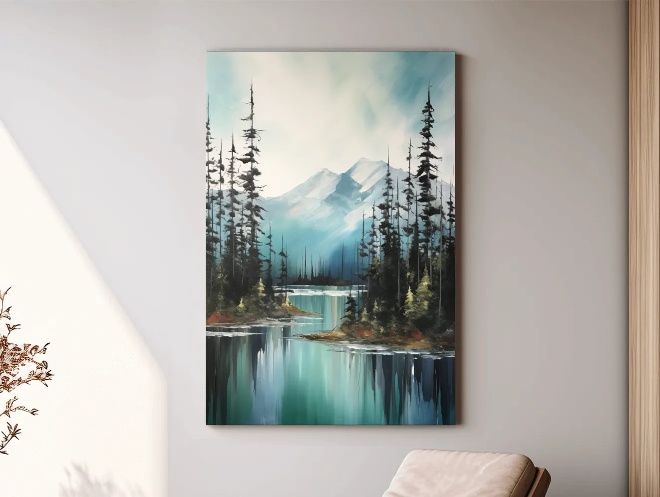 Alpine Turquoise Lake Watercolor Landscape - Serene Pine Forest Nature Wall Art