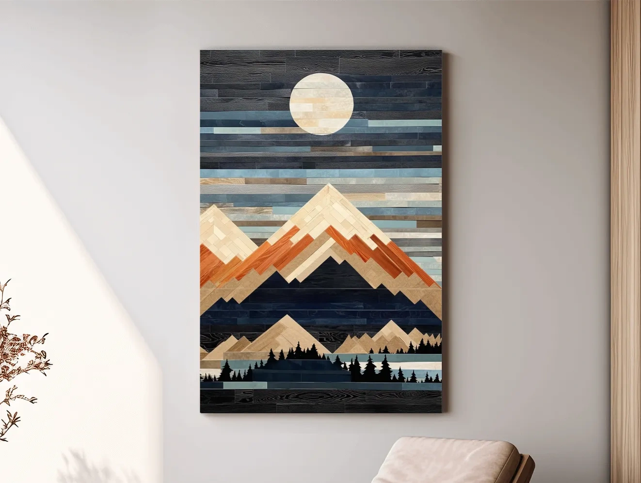 Geometric Wood Mosaic Mountain Range Under Full Moon - Modern Rustic Landscape Wall Art