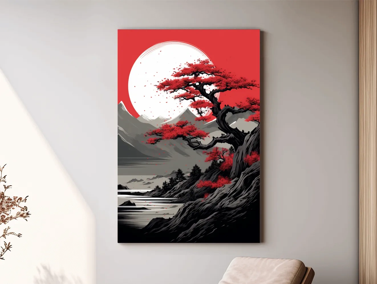 Japanese Ink Landscape With Bonsai Tree - Zen Mountain Wall Art