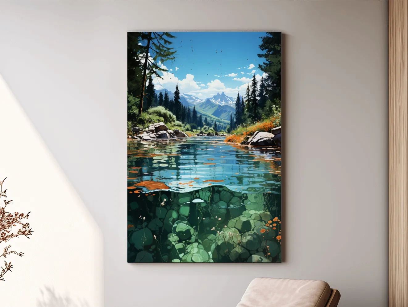 Crystal Clear Alpine River Landscape Illustration - Vibrant Mountain Forest Artwork