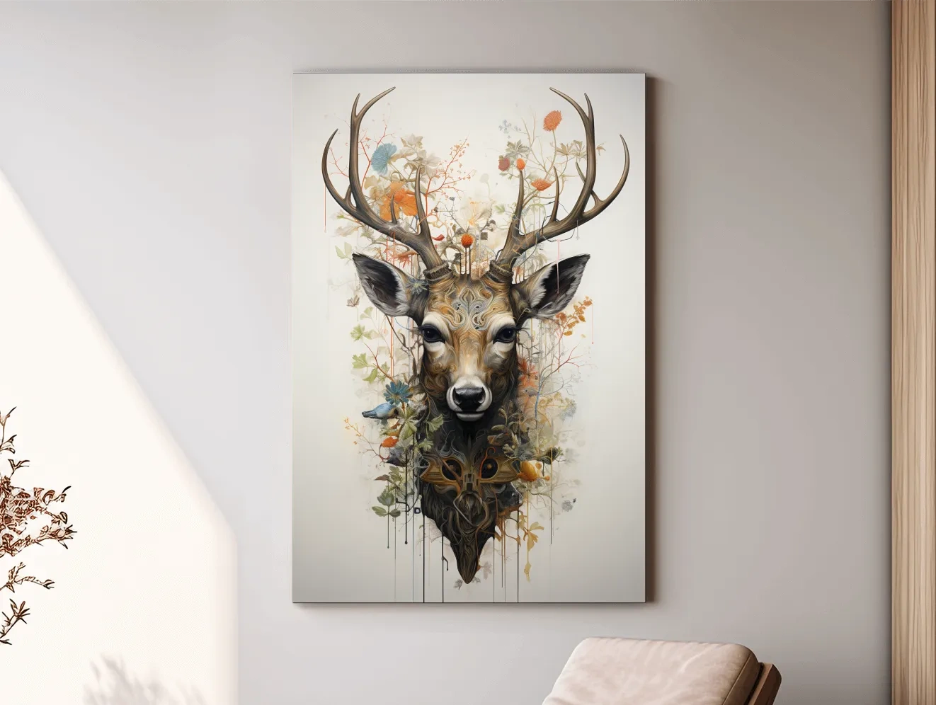 Ornate Floral Deer Head Illustration - Elegant Woodland Wildlife Wall Art