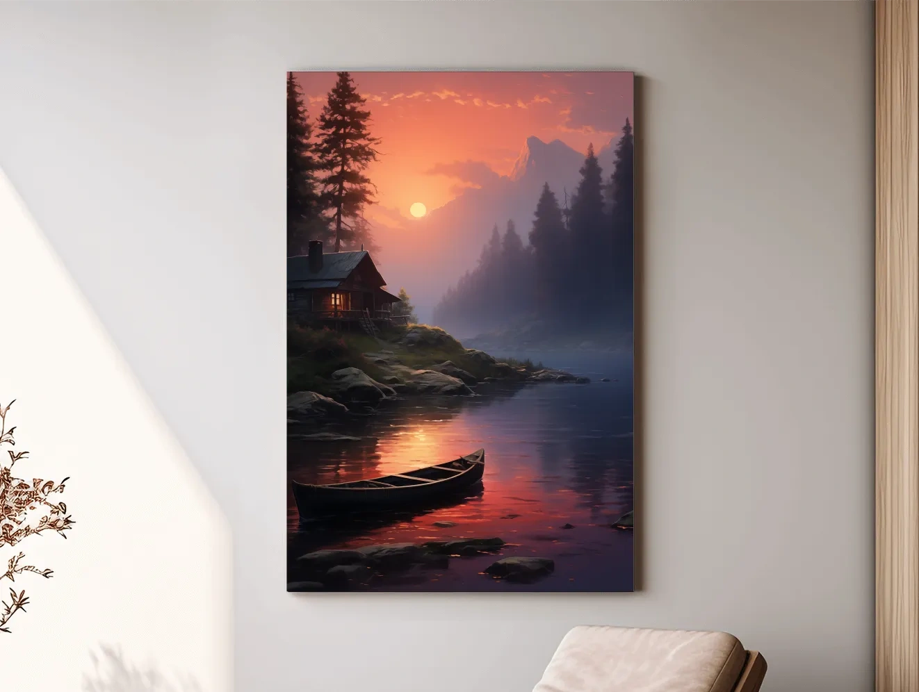 Lakeside Cabin Sunset Landscape - Cinematic Mountain Lake Wall Art