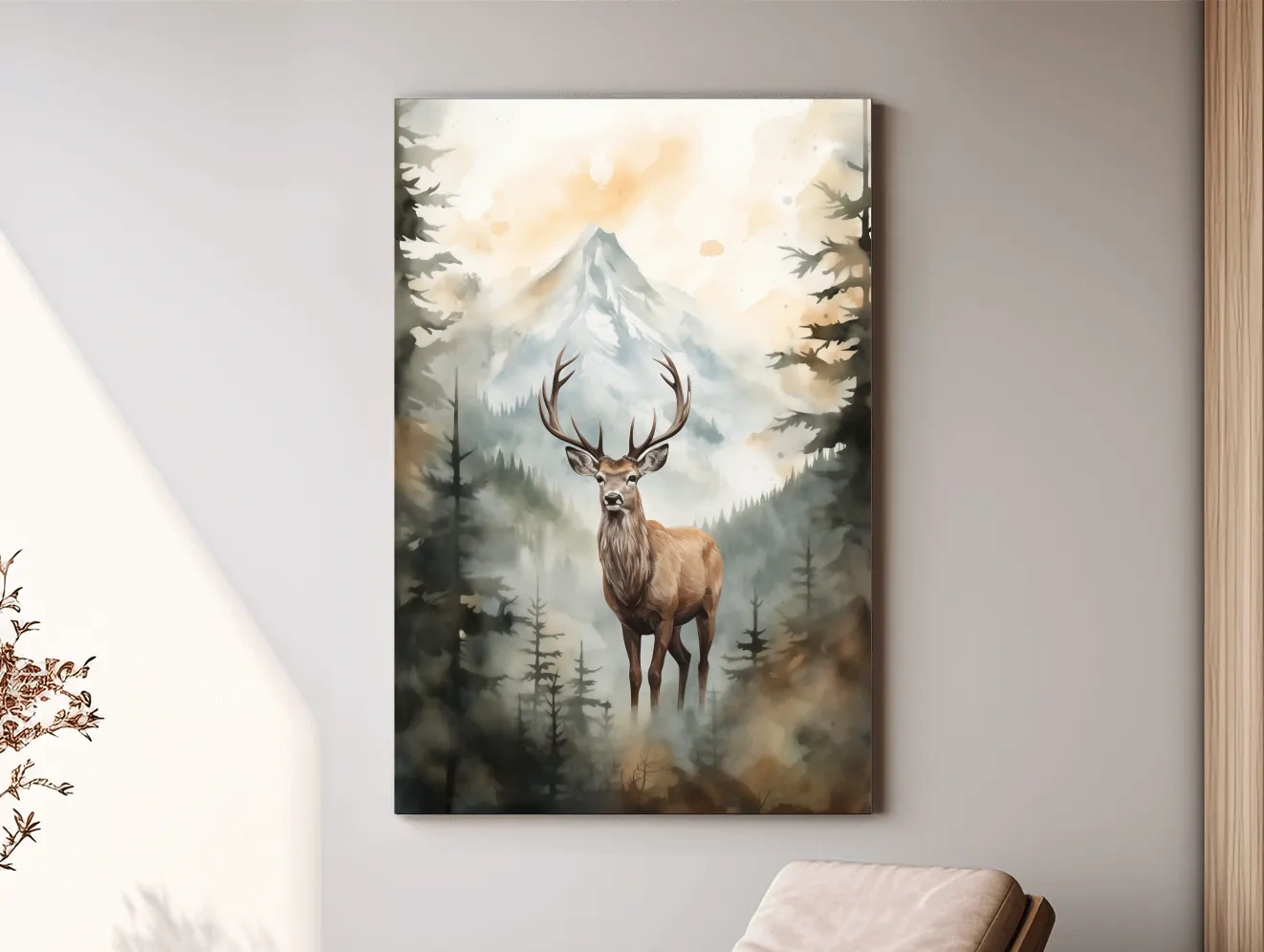 Watercolor Stag In Misty Mountain Forest - Serene Wildlife Wall Art
