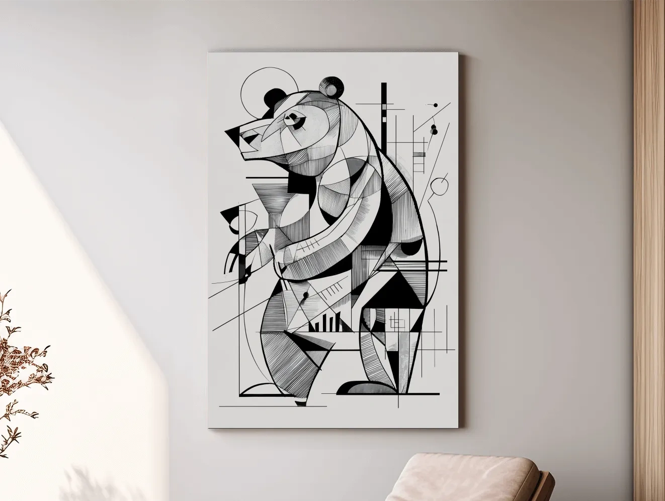Cubism Abstract Bear Artwork - Modern Black And White Wildlife Wall Art