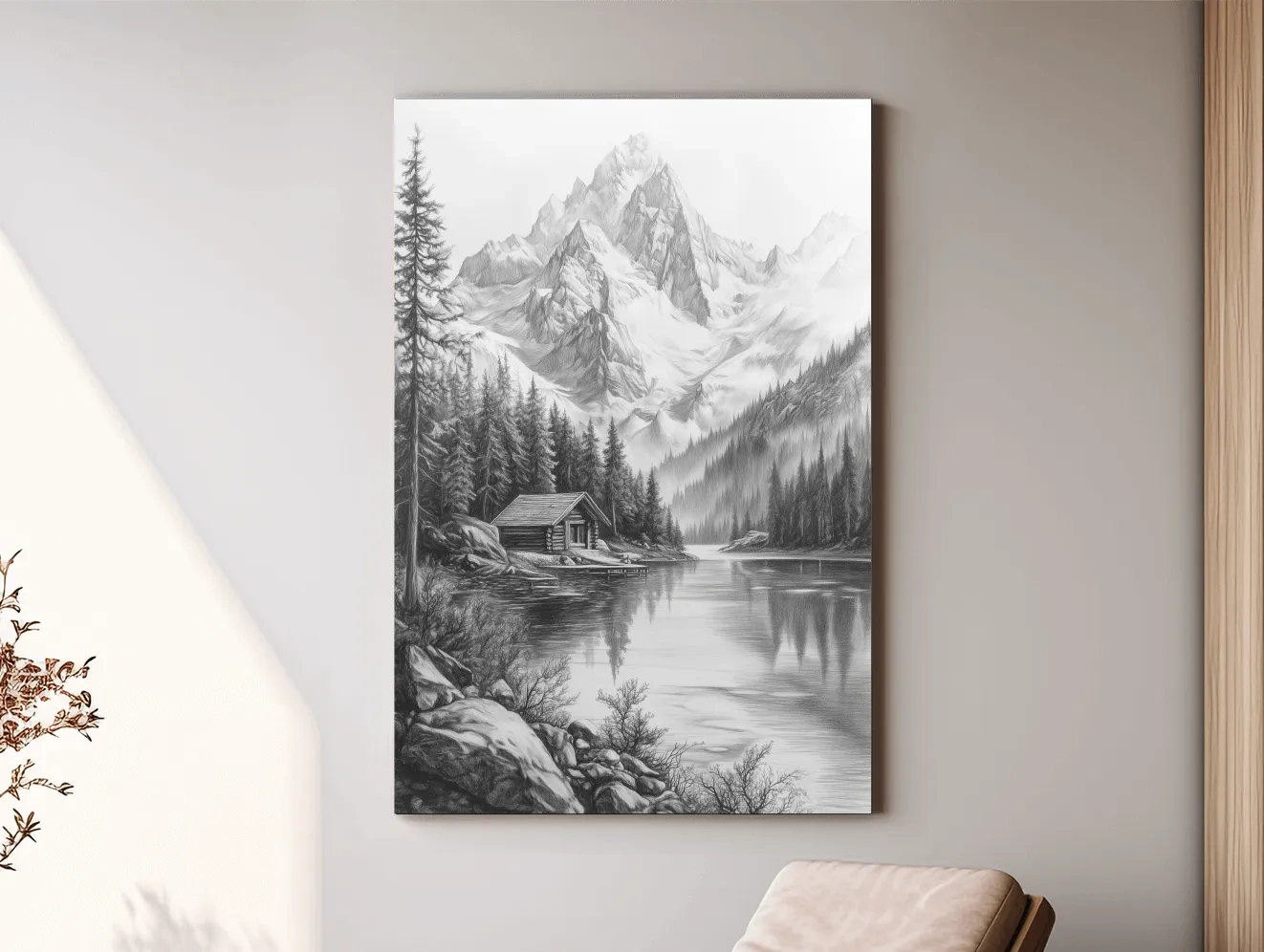 Monochrome Alpine Lake Cabin Sketch Art - Mountain Drawing Wall Art