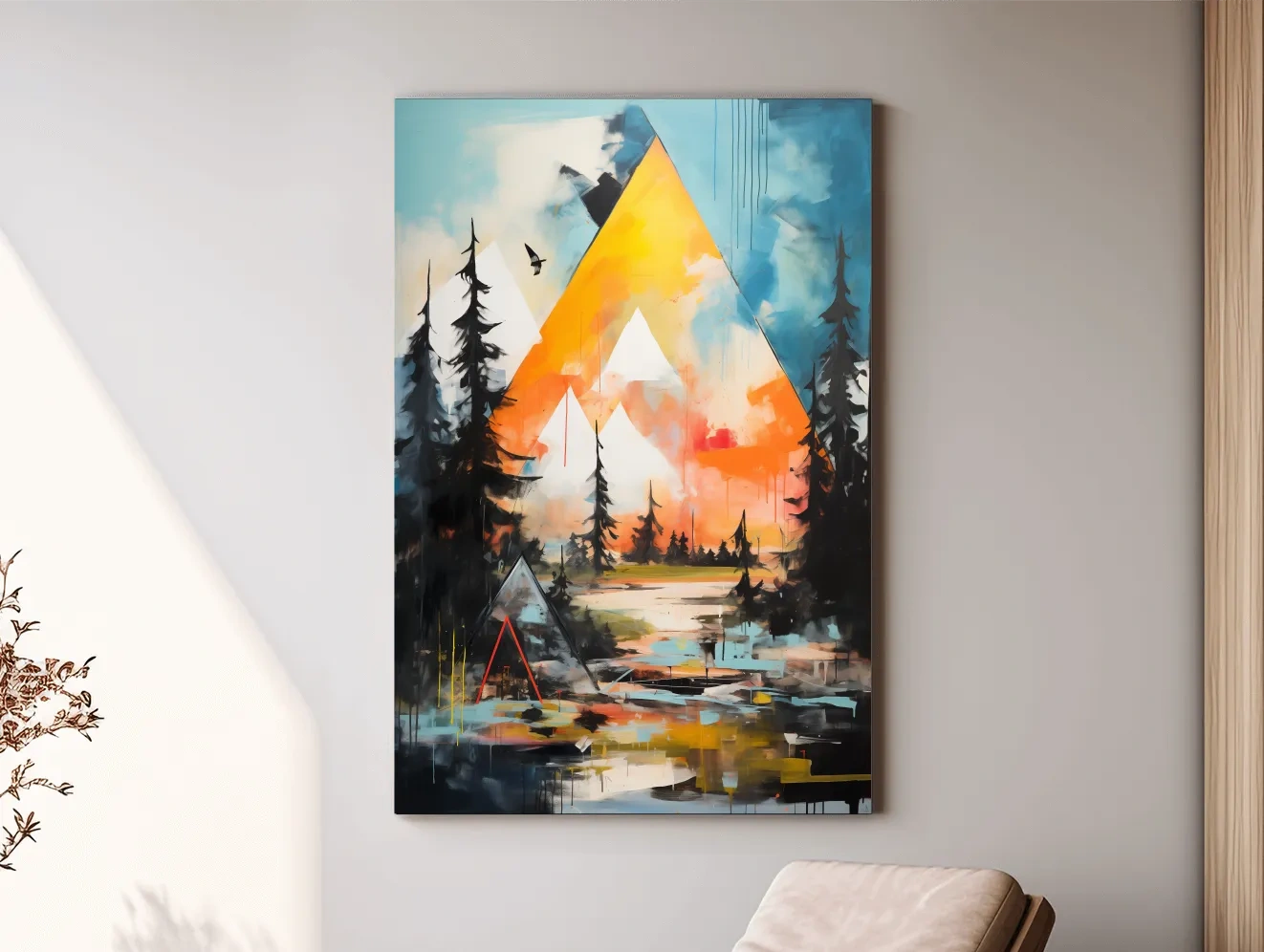 Vibrant Abstract Mountain Painting - Modern Geometric Alpine Forest Wall Art