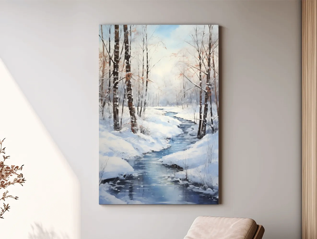 Serene Winter River Forest Painting - Snowy Woodland Wall Art