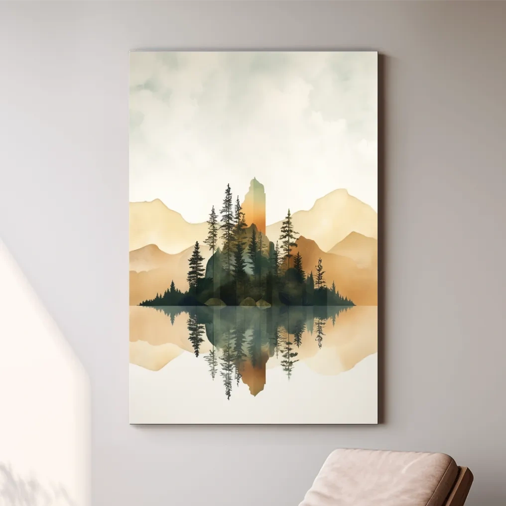 Alpine Mountain Lake Reflection Watercolor - Serene Pine Forest Wall Art