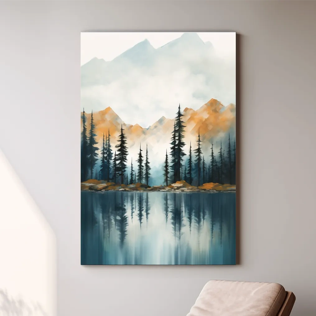 Misty Watercolor Mountain Lake Reflection - Serene Pine Forest Landscape Wall Art