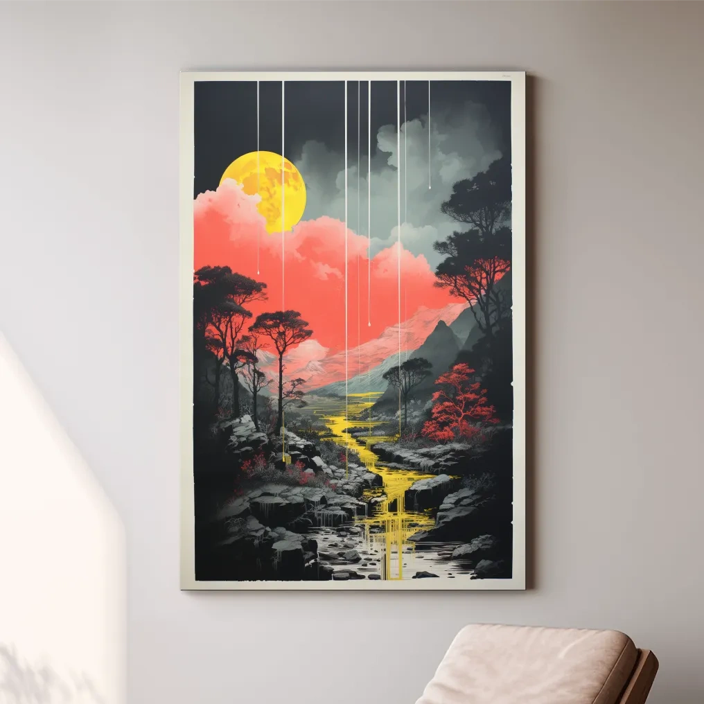 Surreal Moonlit Mountain River Landscape - Fantasy Nature Wall Art
