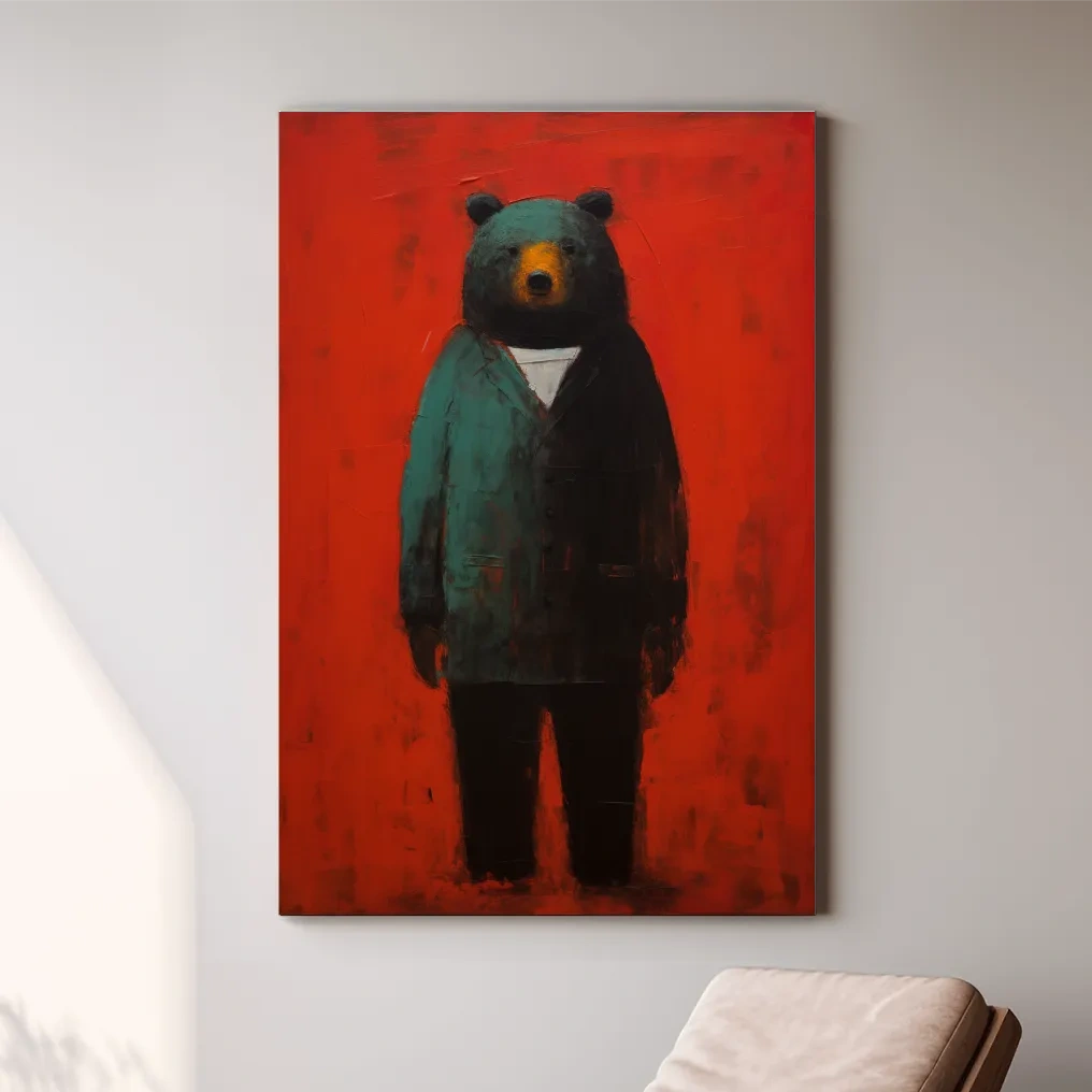 Moody Bear Wearing Suit Portrait Painting - Expressive Wildlife Wall Art