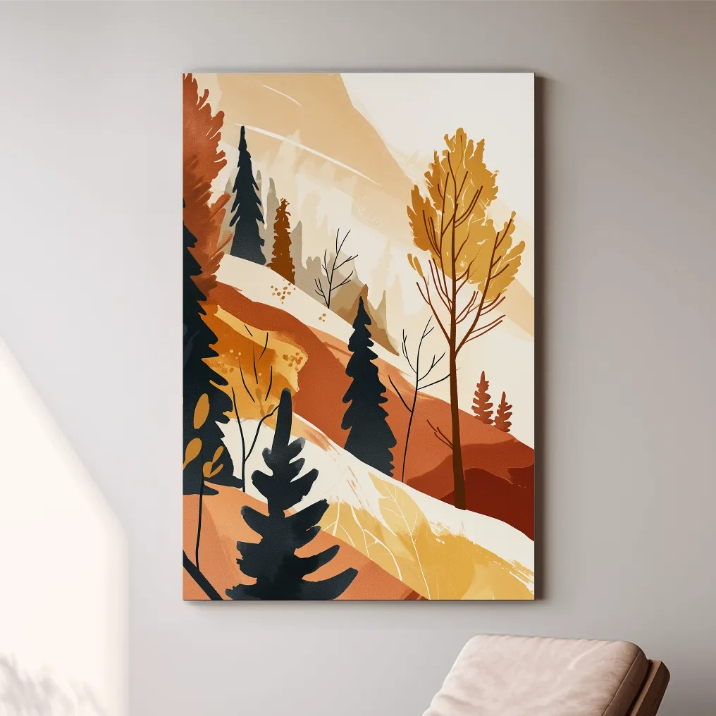 Minimalist Autumn Mountain Forest Landscape - Warm Scandinavian Wall Art