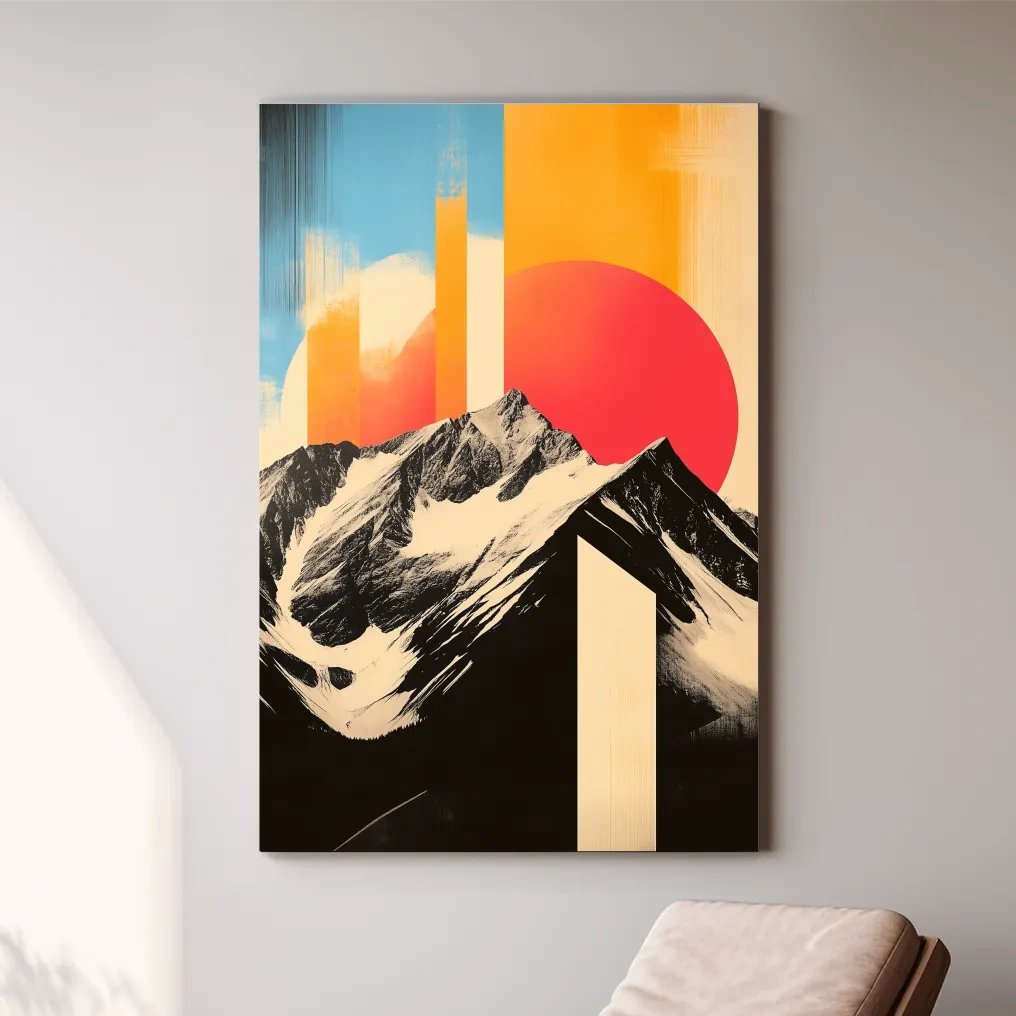 Retro Snowcapped Mountain Sunset Collage - Modern Geometric Landscape Wall Art