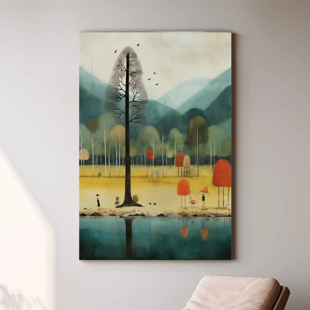 Whimsical Autumn Forest Lake Landscape - Quirky Nature Wall Art