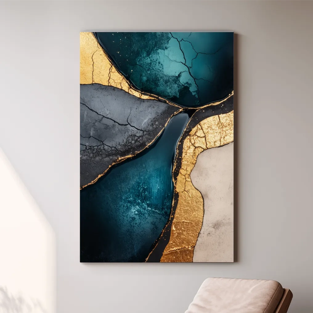 Teal Gold Geode Resin Abstract - Elegant Gold Marble Wall Art
