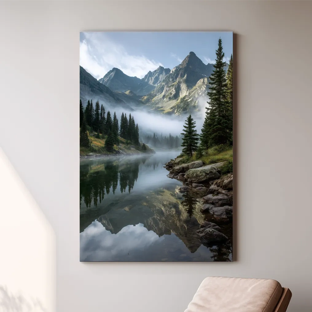 Misty Alpine Lake Photography - Serene Mountain Forest Wall Art