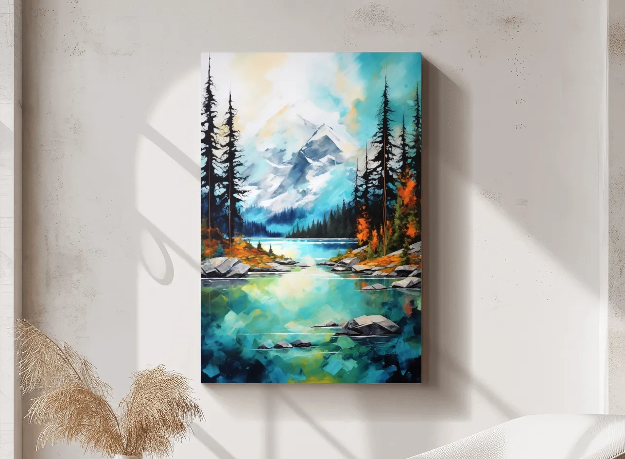Turquoise Alpine Lake Mountain Painting - Colorful Watercolor Forest Wall Art