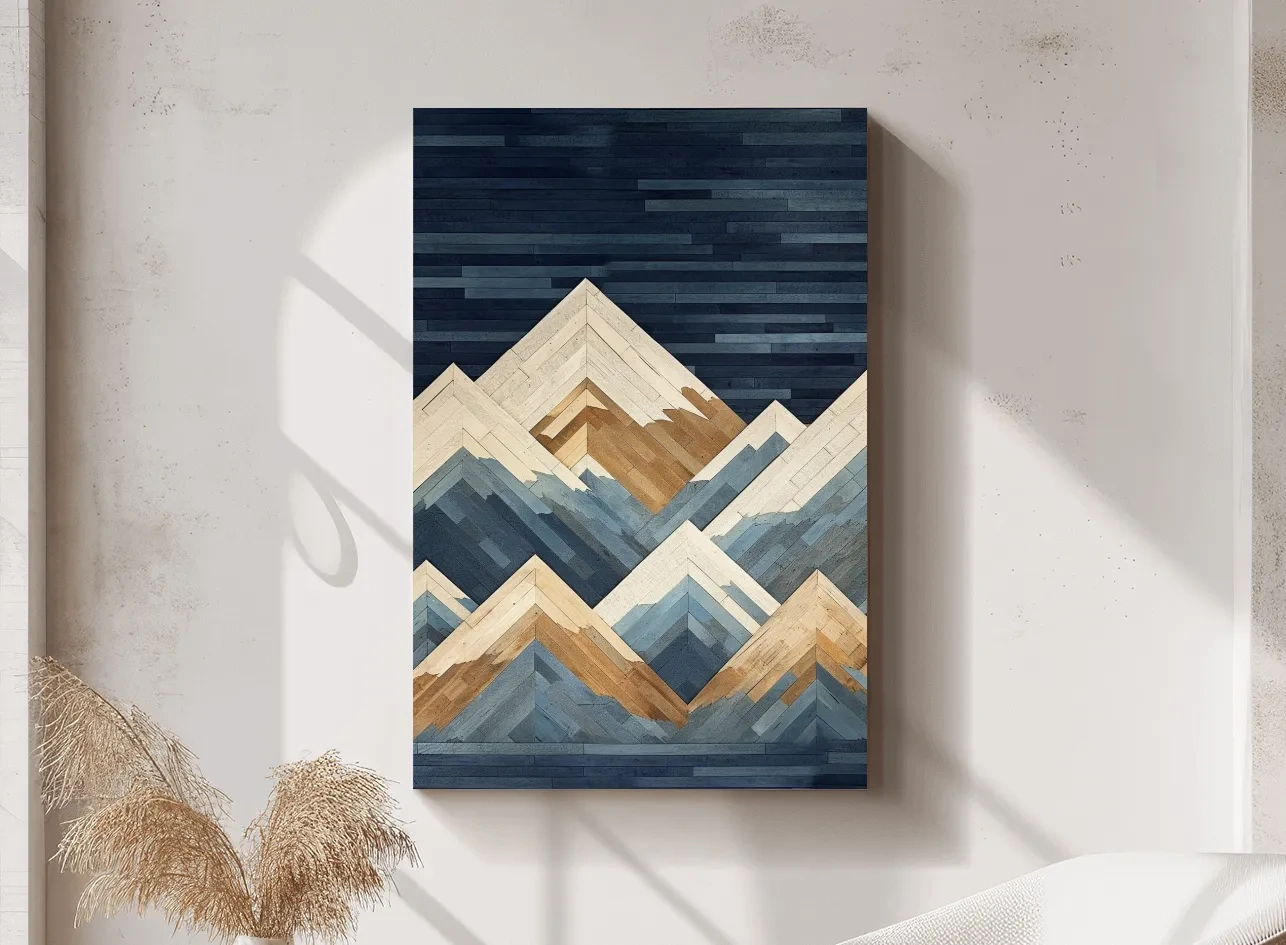 Geometric Layered Mountain Peaks - Wood Texture Landscape Wall Art