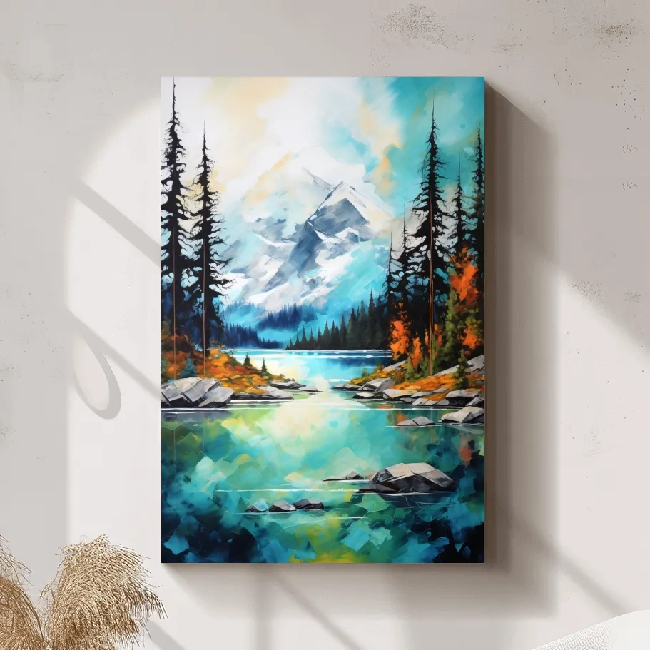 Turquoise Alpine Lake Mountain Painting - Colorful Watercolor Forest Wall Art