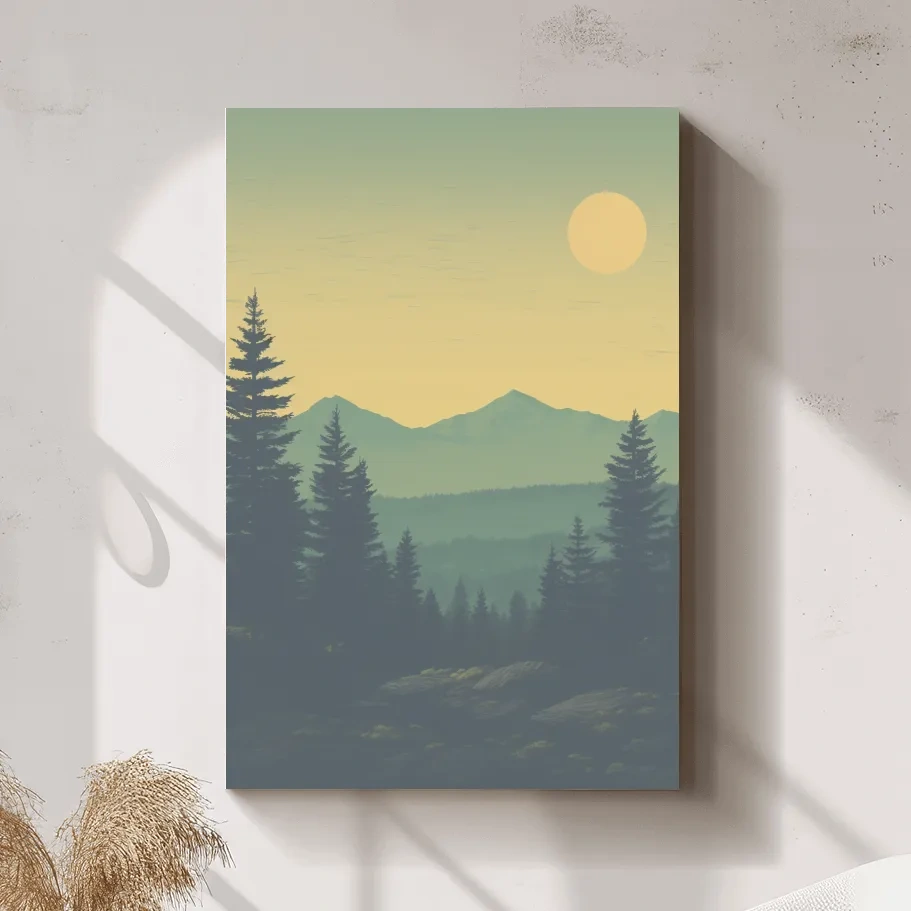 Minimalist Hazy Mountain Sunrise Landscape - Serene Alpine Forest Wall Art