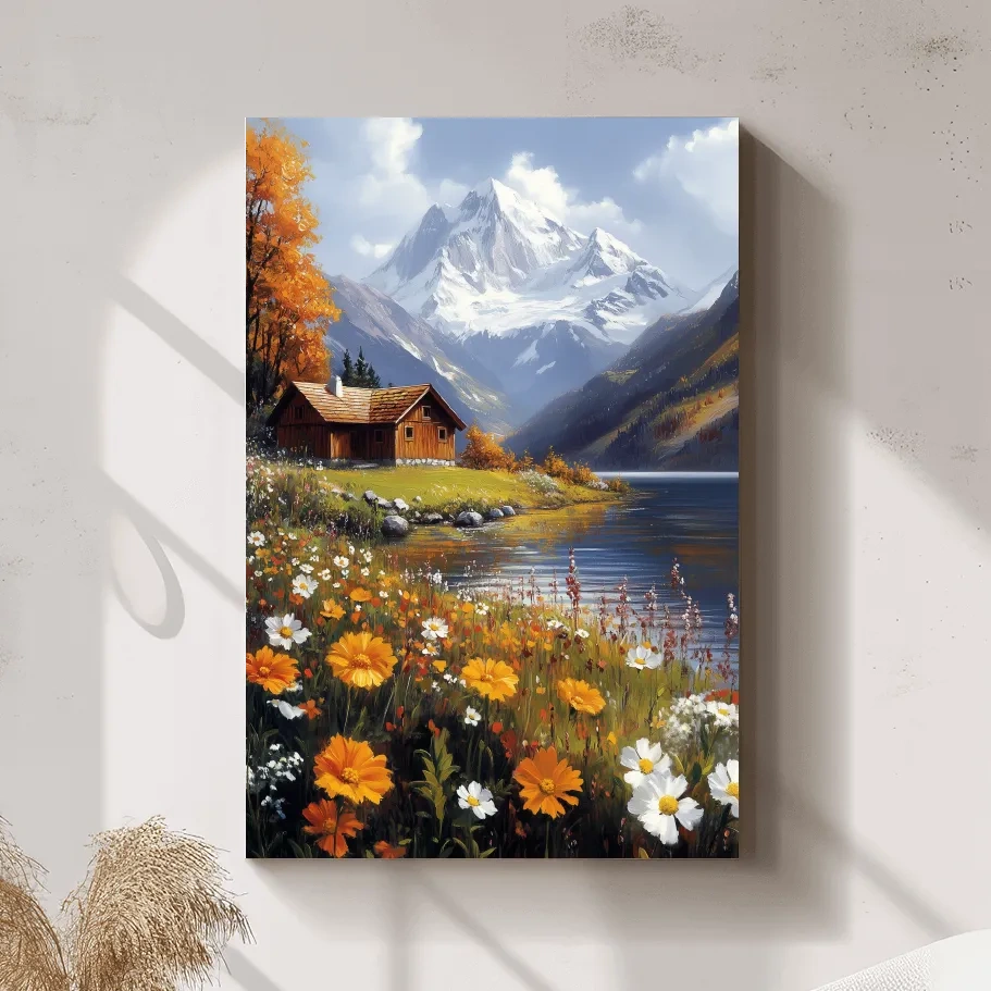 Autumn Alpine Lake Cabin Impressionist Painting - Snowcapped Mountain Wildflower Wall Art