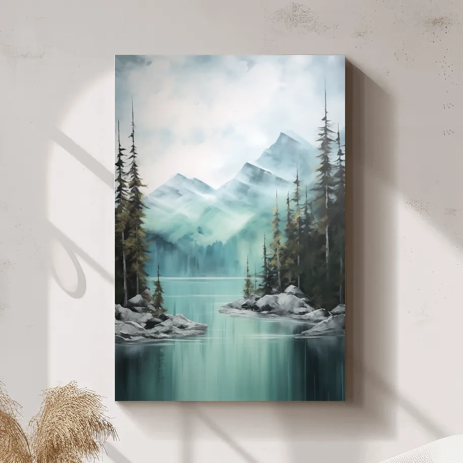 Misty Turquoise Mountain Lake Landscape - PNW Watercolor Forest Wall Art