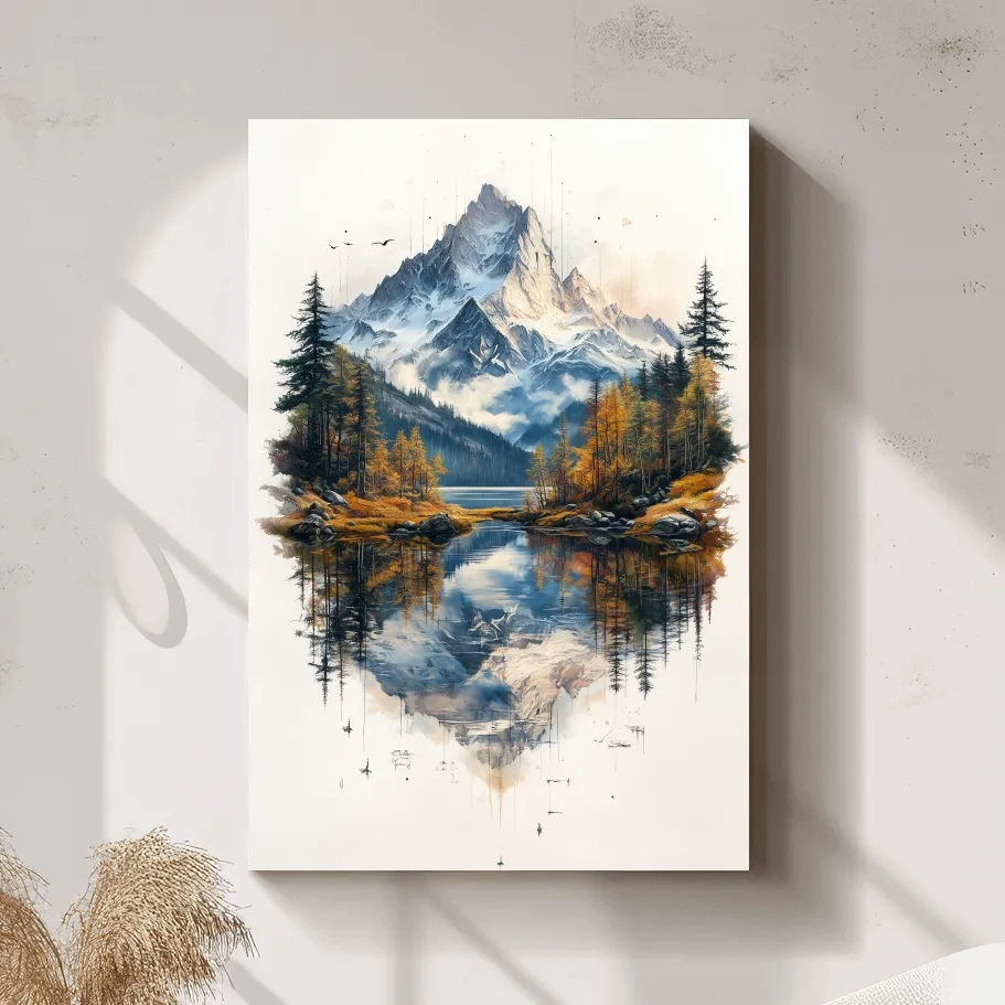 Misty Alpine Mountain Lake Painting - Autumn Pine Forest Tattoo Style Wall Art