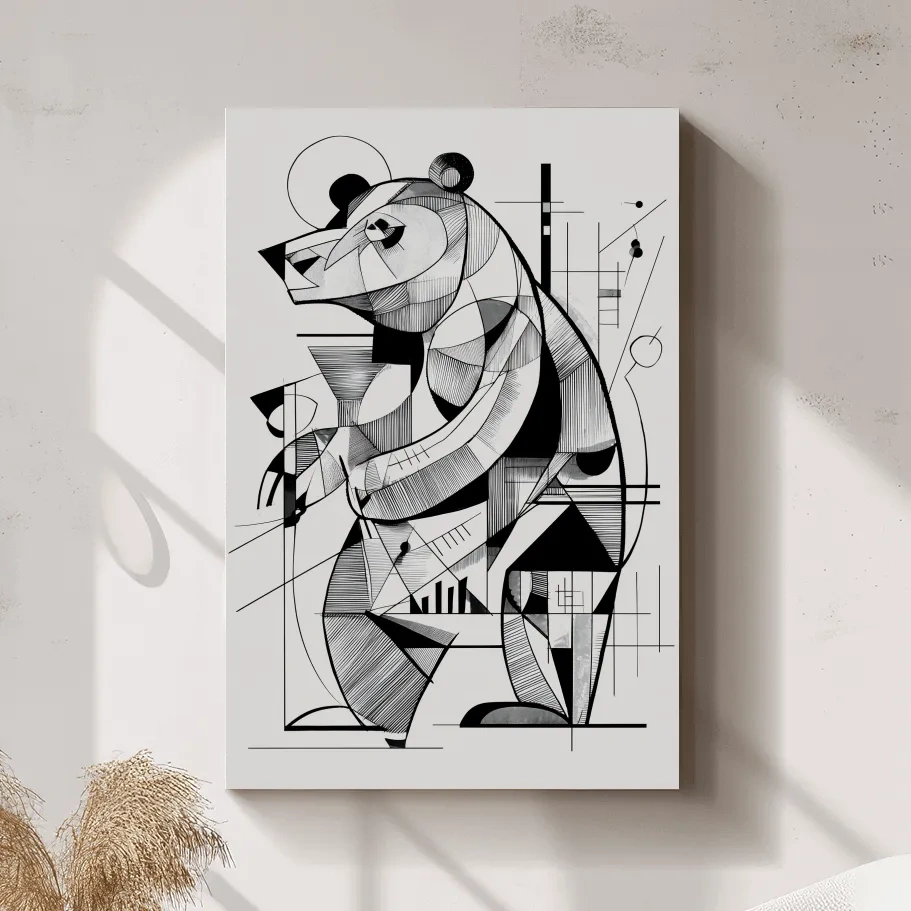 Cubism Abstract Bear Artwork - Modern Black And White Wildlife Wall Art