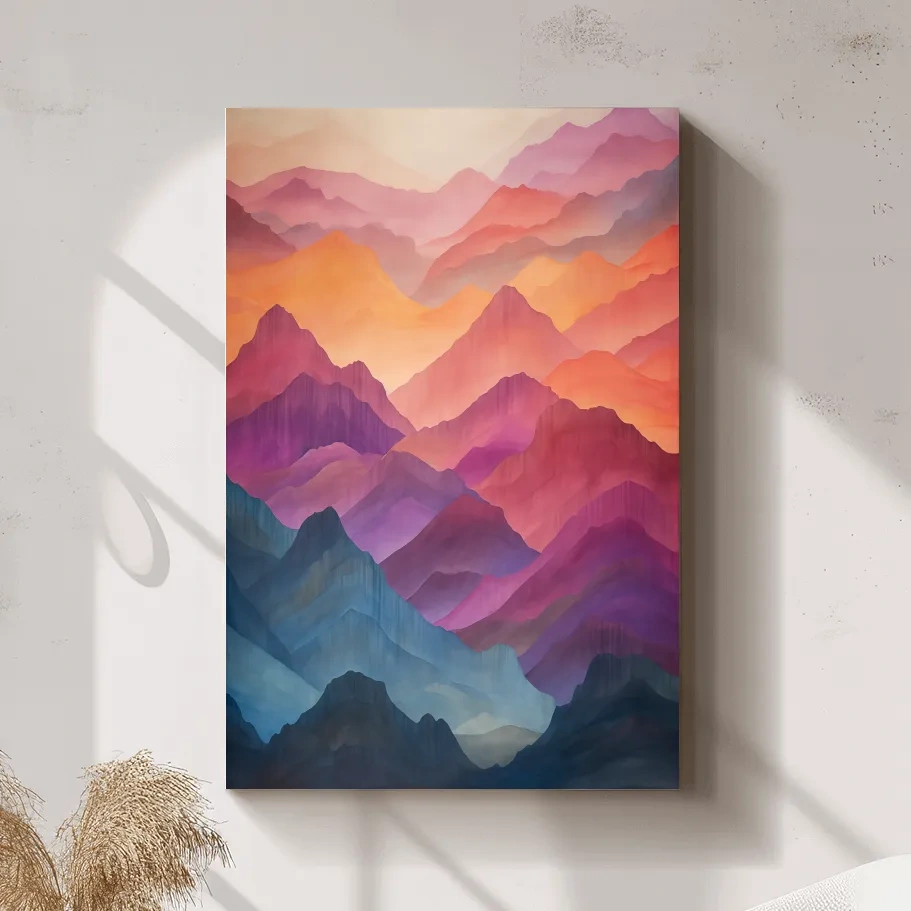 Vibrant Watercolor Layered Mountains - Abstract Sunset Landscape Wall Art