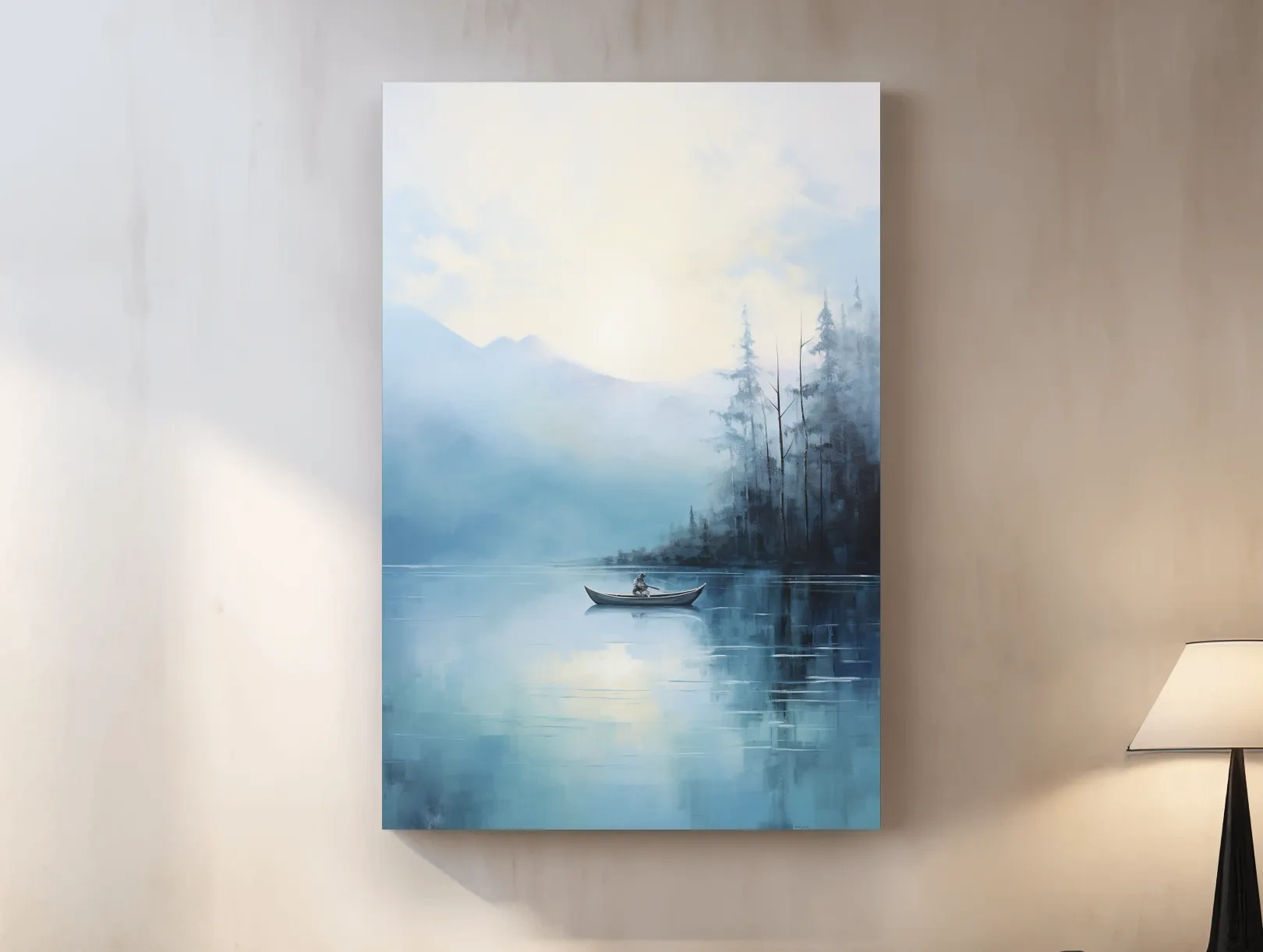 Misty Turquoise Mountain Lake Canoe Painting - Serene Forest Landscape Wall Art